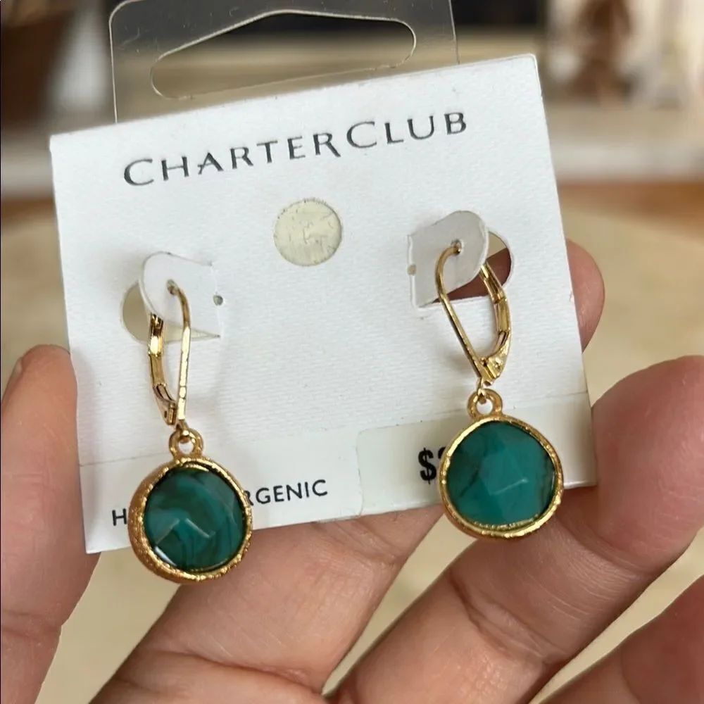 NWT Charter Club Gold Tone & Green Stone Drop Earrings
